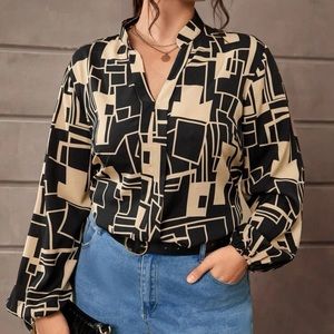 Bro Print Notched Neckline Lantern Sleeve Blouse